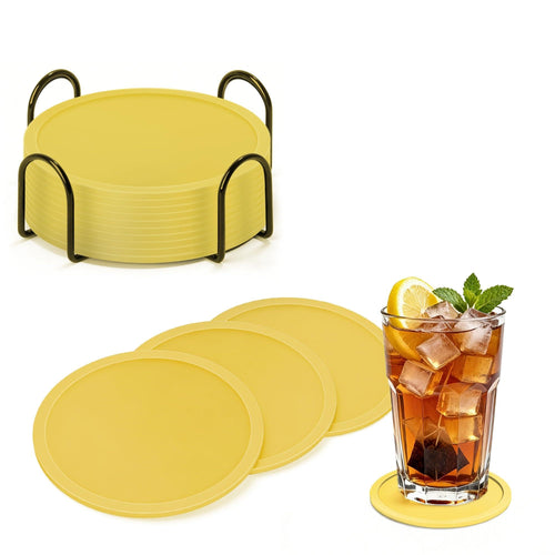 HELI MIAO Untersetzer Gläser Silikon mit Halter,rutschfest Glasuntersetzer mit Hohem Rand für Auslaufschutz,Hitzebeständig Tassenuntersetzer für Couchtisch,Esstisch&Bar,10Stück mit Halter Schwarz