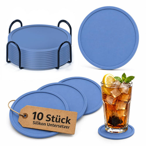 HELI MIAO Untersetzer Gläser Silikon mit Halter,rutschfest Glasuntersetzer mit Hohem Rand für Auslaufschutz,Hitzebeständig Tassenuntersetzer für Couchtisch,Esstisch&Bar,10Stück mit Halter Schwarz