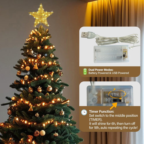 Gold Weihnachtsbaumspitzen Stern, 25cm Glitzer-Baumspitzen aus Golddraht mit Timer, Stromversorgung über Batterie oder USB, 20 LED-Lichter, beleuchteter Stern-Baumschmuck für Weihnachtsbaum