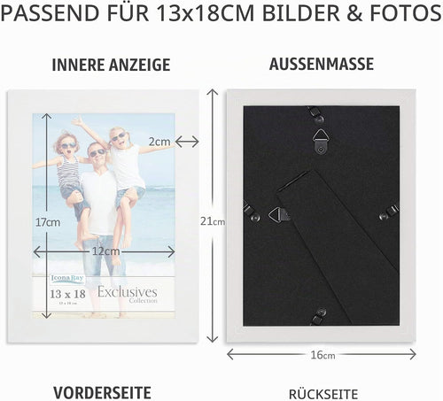Icona Bay 13 x 18 cm Weißer Bilderrahmen, stabiler Bilderrahmen aus Holzverbundwerkstoff 13 x 18, elegantes Design, Tischplatte oder Wandhalterung, exklusive Kollektion