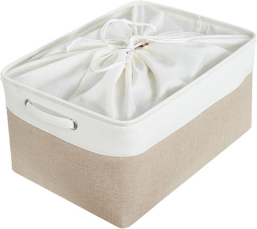 Mangata aufbewahrungsbox Stoff, aufbewahrungskorb, Korb aufbewahrung Stoff mit Griffen für Schrank, Spielzeug, kleiderschrank, Regale, Kleidung (Helles Khaki Weiß, klein)