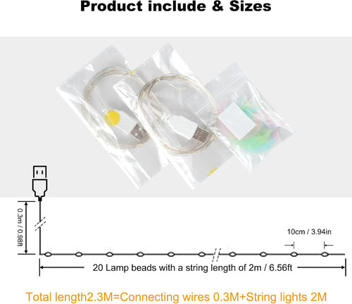 2 Stück LED Lichterkette, 20LED 2M / 6.6Ft USB lichterkette außen/innen Wasserdichte für Schlafzimmer, Hof, Hochzeit, Weihnachten, DIY etc (Warmweiß)