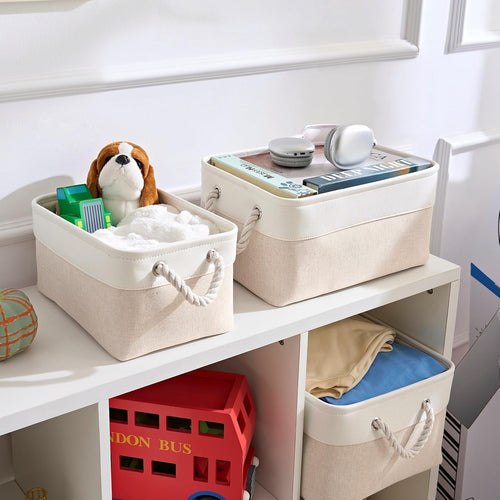 Mangata Aufbewahrungsbox Stoff,Klein Waschbare Aufbewahrungskorb, Korbe in Würfel für Schrank Regal und Kleidung(Hellbeige/Weiß, S, 1 Set)