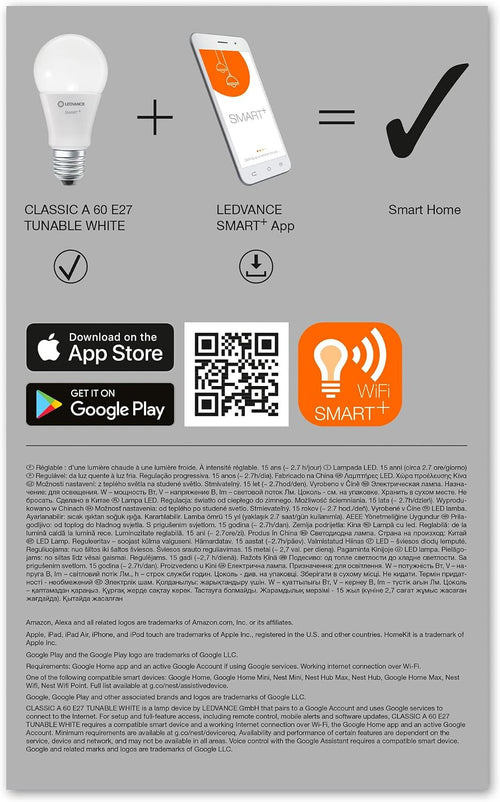 Ledvance Smarte LED-Lampe mit WiFi Technologie, Sockel E27, Dimmbar, Lichtfarbe änderbar (2700-6500K), ersetzt Glühlampen mit 60 W, SMART+ WiFi Classic Tunable White, 3er-Pack