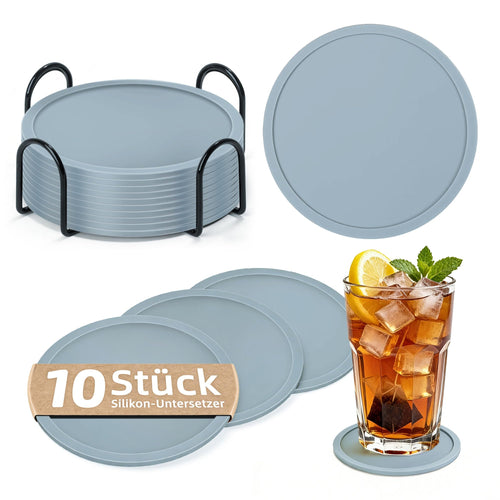 HELI MIAO Untersetzer Gläser Silikon mit Halter,rutschfest Glasuntersetzer mit Hohem Rand für Auslaufschutz,Hitzebeständig Tassenuntersetzer für Couchtisch,Esstisch&Bar,10Stück mit Halter Schwarz