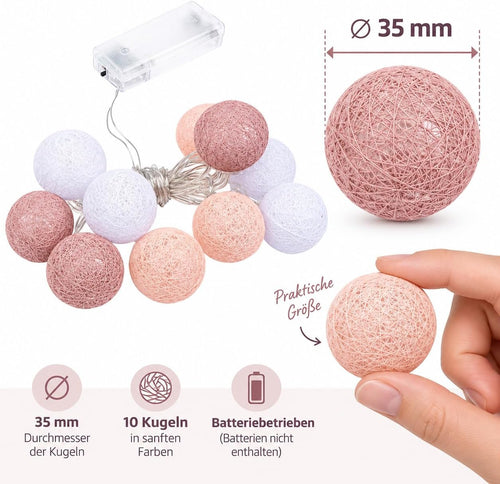 Ideen mit Herz Kugel-Lichterkette mit 10 LEDs | batteriebetrieben | 10 Baumwollkugeln in 3 Farben | Ø35 mm je Kugel | inkl. Timer (weiß, apricot, altrosa)