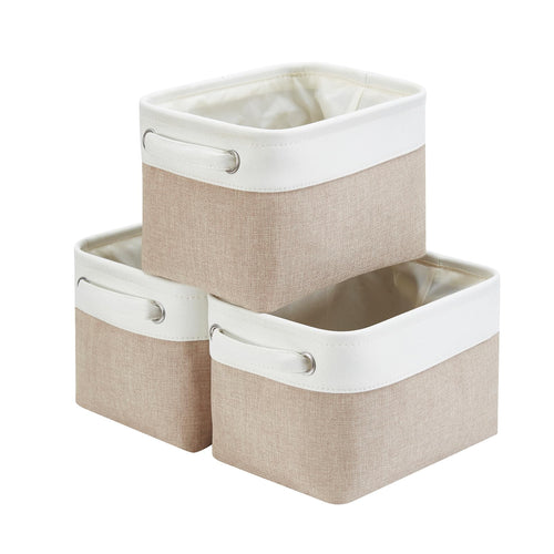 Mangata aufbewahrungsbox Stoff, aufbewahrungskorb, Korb aufbewahrung Stoff mit Griffen für Schrank, Spielzeug, kleiderschrank, Regale, Kleidung (Helles Khaki Weiß, klein)