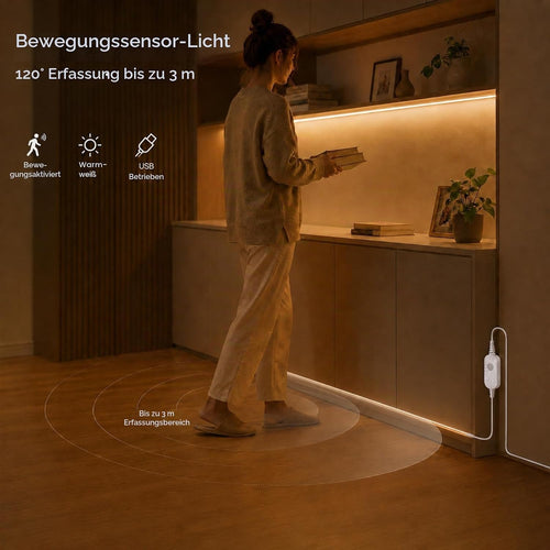 COB LED Streifen mit Bewegungsmelder 1M, Warmweiß 2700K, 320LEDs Licht Leiste mit 3-Modi, Dimmbar CRI90+ Led Strip Selbstklebend mit Timing-Funktion Für Schrank,Küche,Wohnzimmer,Schlafzimmer,Treppe