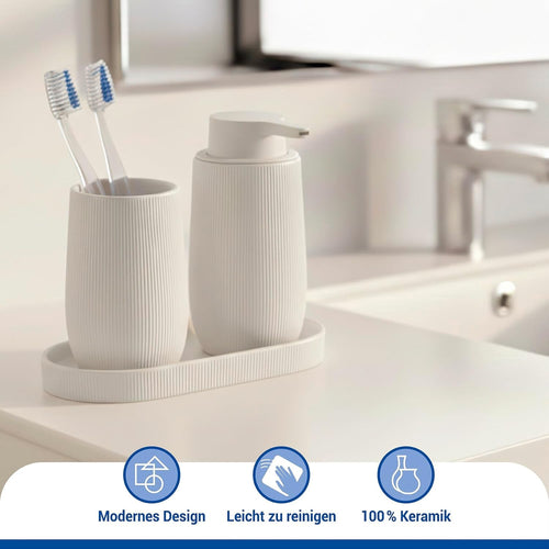 WENKO Ablage Mod. Fablo aus Keramik mit Rillenoptik, freistehend, Badezimmer-Organizer, Badablage, Schmuckschale, dekoratives Tablett für Badezimmer, Schlafzimmer, Wohnzimmer, Büro, Creme matt