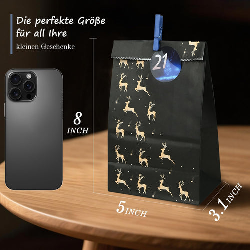 Adventskalender Tüten zum Befüllen, 24 Diy Adventskalender zum Befüllen mit Zahlenaufklebern & Klammern, Papiertüten Weihnachtskalender Tüten, Weihnachten Geschenke Machen