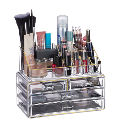 Relaxdays Make Up Organizer Acryl, 2-teilige Schminkaufbewahrung mit Lippenstifthalter und 4 Schubladen, transparent, 19 x 24 x 13.5 cm