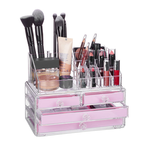 Relaxdays Make Up Organizer Acryl, 2-teilige Schminkaufbewahrung mit Lippenstifthalter und 4 Schubladen, transparent, 19 x 24 x 13.5 cm