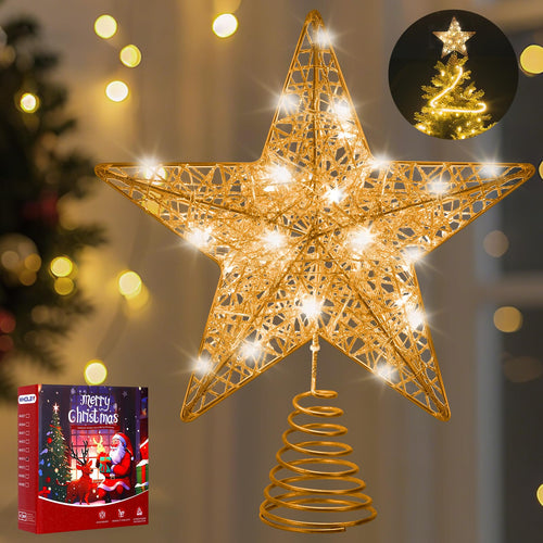 Gold Weihnachtsbaumspitzen Stern, 25cm Glitzer-Baumspitzen aus Golddraht mit Timer, Stromversorgung über Batterie oder USB, 20 LED-Lichter, beleuchteter Stern-Baumschmuck für Weihnachtsbaum