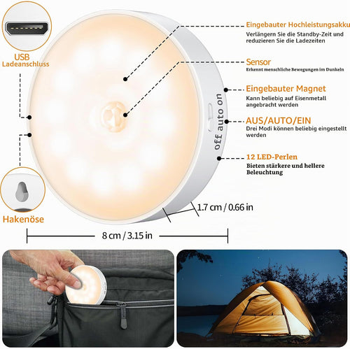 daphomeu 2 Stück Nachtlicht mit Bewegungsmelder,USB Wiederaufladbare LED-Licht,Schrankbeleuchtung,Bewegungsmelder innen für Treppenbeleuchtung,Schlafzimmer, Küche, Kinderzimmer.(Warmweiß)