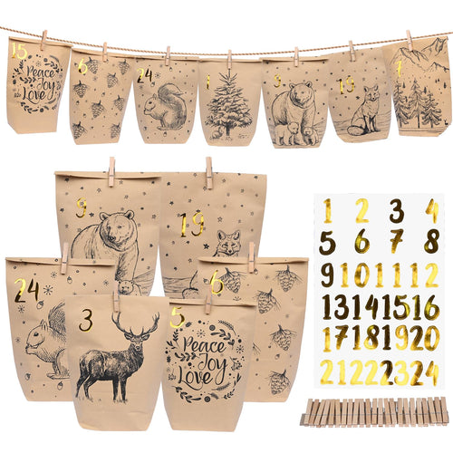 Adventskalender Tüten zum Befüllen, 24 Diy Adventskalender zum Befüllen mit Zahlenaufklebern & Klammern, Papiertüten Weihnachtskalender Tüten, Weihnachten Geschenke Machen