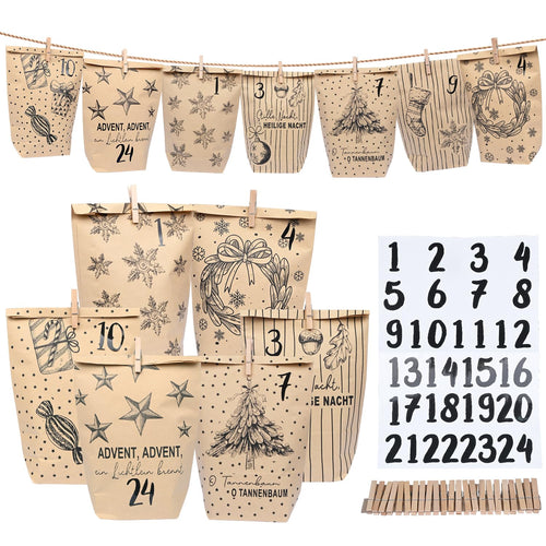 Adventskalender Tüten zum Befüllen, 24 Diy Adventskalender zum Befüllen mit Zahlenaufklebern & Klammern, Papiertüten Weihnachtskalender Tüten, Weihnachten Geschenke Machen