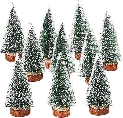 10 Stück Mini Grün Tannenbaum Mini Weihnachtsbaum Desktop Weihnachtsbäume Gefrostete Sisalbäume mit Holzbasis Naturgetreuer Christbaum mit Schnee-Effek für Tischdeko, DIY Weihnachtsdeko, Schaufenster