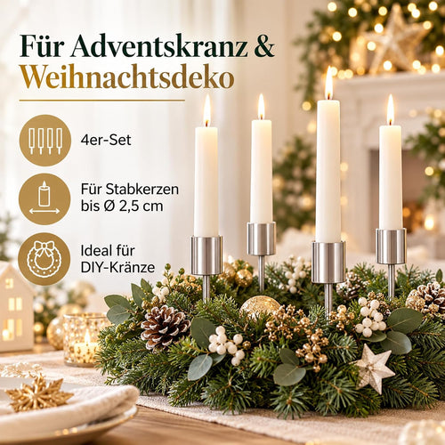 Adventskranz Kerzenhalter,Stabkerzenhalter zum Stecken, Silber, 4er-Set