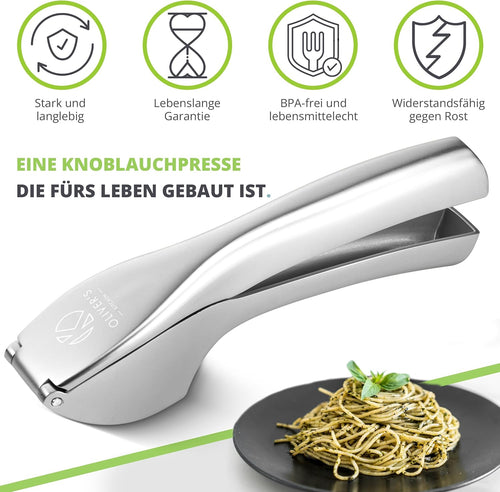 Oliver's Kitchen Knoblauchpresse + Schäler & Bürste - Leicht zu Reinigen