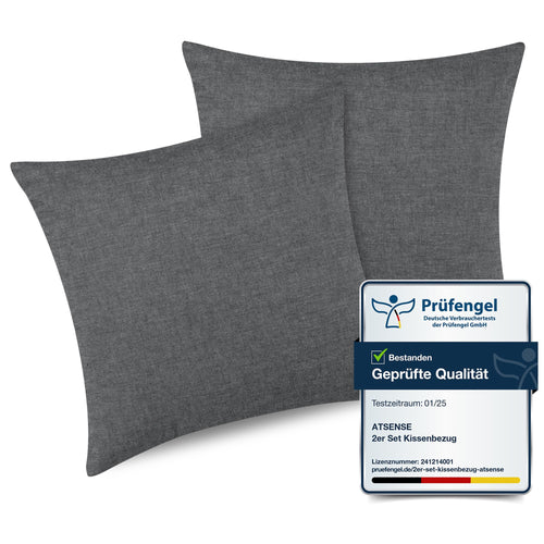 ATsense 2er Set Kissenbezug 40x40 cm - Gewaschene Baumwolle, Dunkelgrau Kopfkissenbezug mit Reißverschluss, Oeko-TEX Zertifiziert Weich, Nicht Lleicht Verformbar