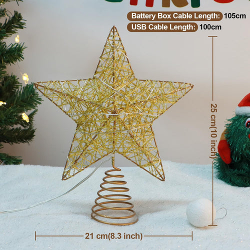 Gold Weihnachtsbaumspitzen Stern, 25cm Glitzer-Baumspitzen aus Golddraht mit Timer, Stromversorgung über Batterie oder USB, 20 LED-Lichter, beleuchteter Stern-Baumschmuck für Weihnachtsbaum
