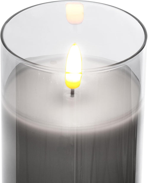 Brandsseller LED Kerze 7,5x10 cm Echtwachs im Glas Warmweiß Flackerfunktion Timerfunktion - Grau