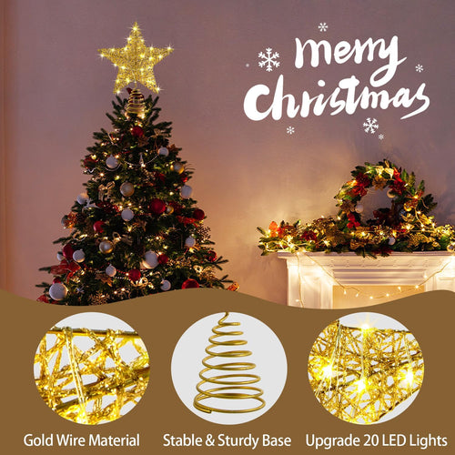 Gold Weihnachtsbaumspitzen Stern, 25cm Glitzer-Baumspitzen aus Golddraht mit Timer, Stromversorgung über Batterie oder USB, 20 LED-Lichter, beleuchteter Stern-Baumschmuck für Weihnachtsbaum