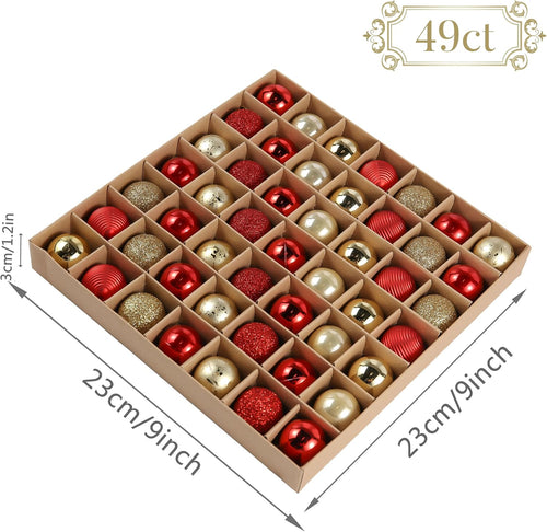 Valery Madelyn Weihnachtskugeln,49 stück Christbaumkugeln Weihnachtskugel mit Geschenkpaket, 3cm Weihnachtsbaumschmuck Christbaumschmuck mit Aufhänger,deko Weihnachten,Thema Rot Gold
