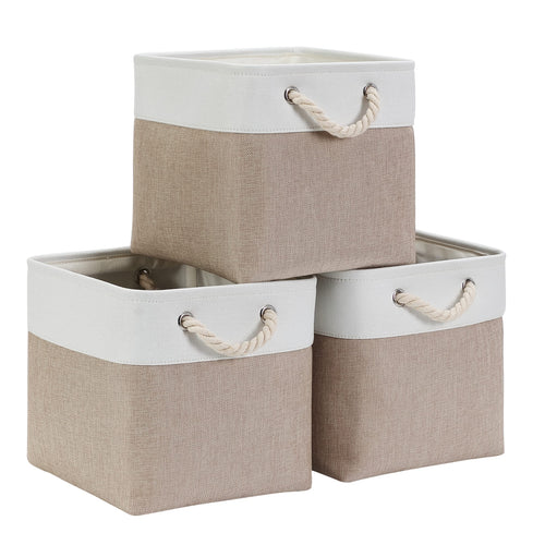 Mangata Stoff Aufbewahrungsbox 33x33x33 cm Faltbar Helles Khaki Weiß 1er Pack