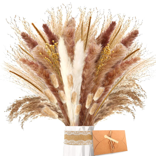 Pampasgras Getrocknet - Natürliche Trockenblumen, Braun、Weiß Pampasgras Flauschige Wedel, Lagurus und Schilfblume Trockenblumen Strauß Dried Flowers, für Blumen Arrangements Heim Decor