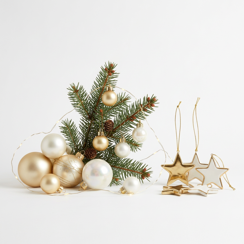 Goldene und weiße Christbaumkugeln, Lichterkette, Tannenzweig und Sternanhänger vor weißem Hintergrund