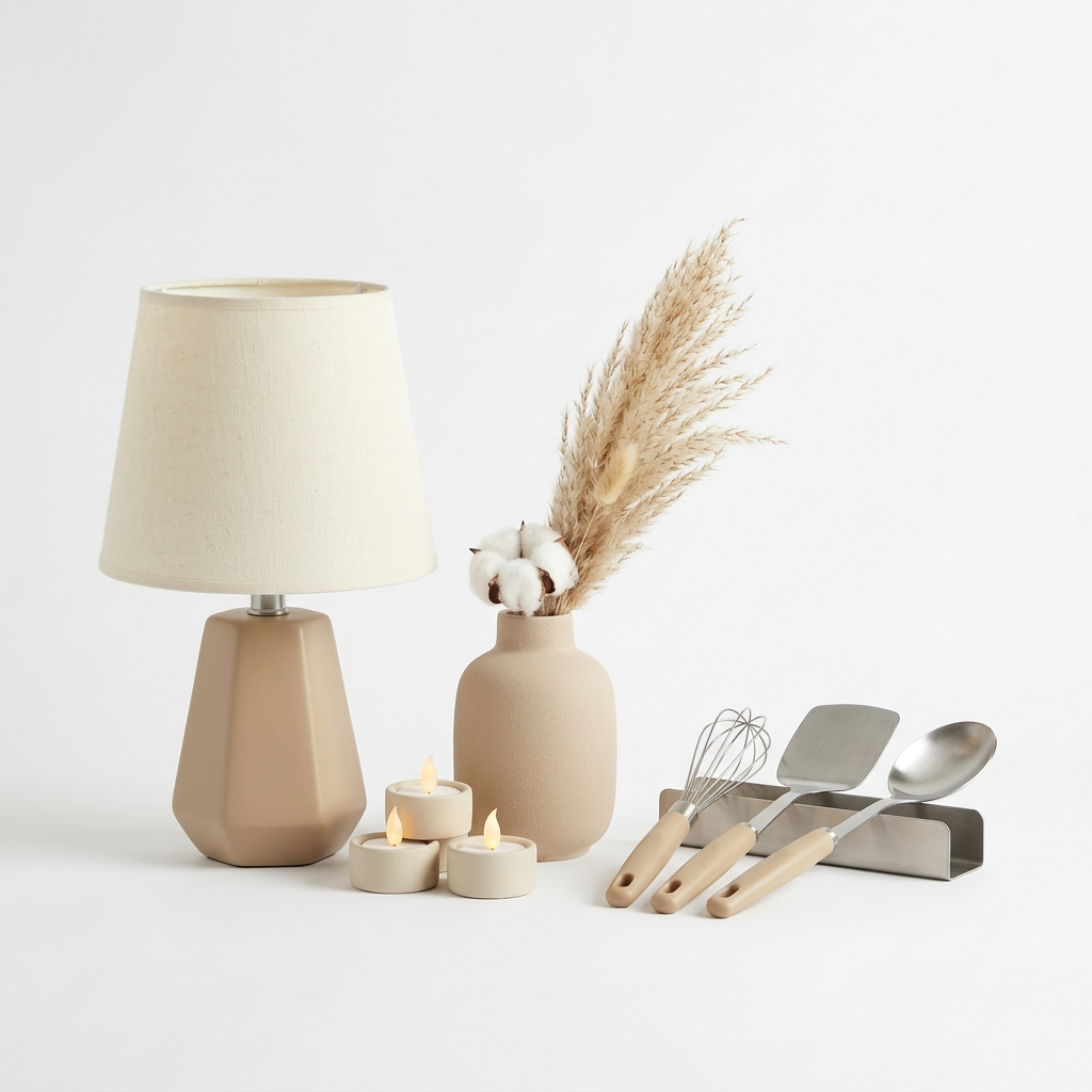 Tischlampe, LED-Teelichter, Vase und Küchenhelfer vor weißem Hintergrund