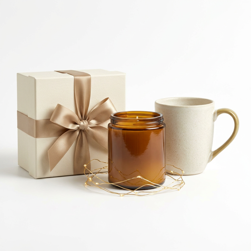 Geschenkbox mit Schleife, Duftkerze, Tasse und Lichterkette vor weißem Hintergrund