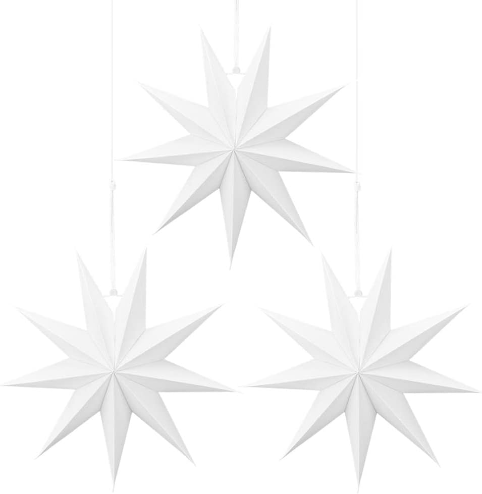Wishstar Papiersterne Weihnachten, Faltsterne Weiß, Papierstern zum Aufhängen, Papier Weihnachtsstern, Dekostern Weihnachts für Fenstern Haus Partys Hochzeiten(3 Stück)