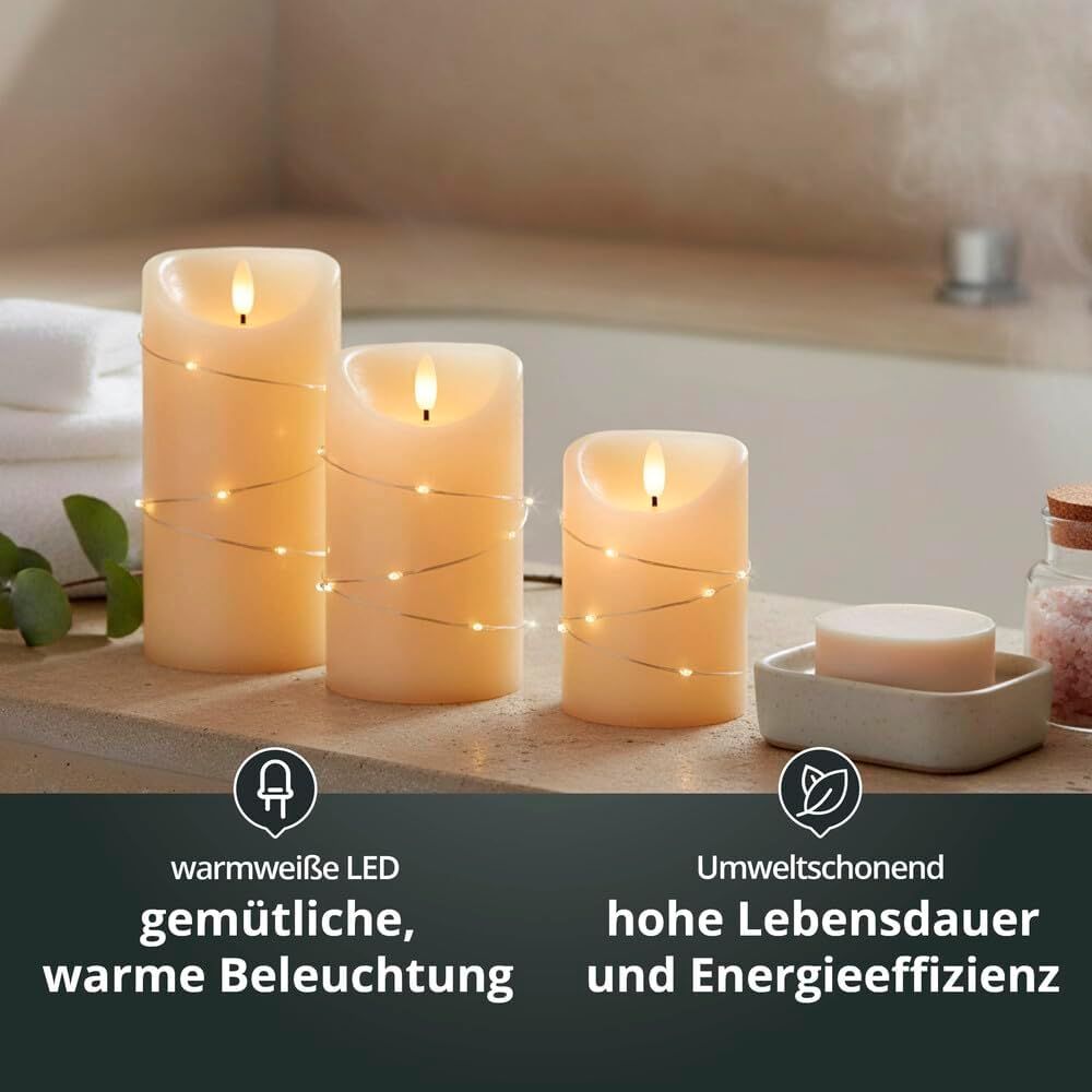 LED Universum - LED Kerze Cynthia 10cm, Echtwachskerze umwickelt mit einer LED Lichterkette, cremefarben, warmweißes Licht, 5h Timer, Batteriebetrieben: 2x AA (nicht inklusive) (Cynthia 10 cm)