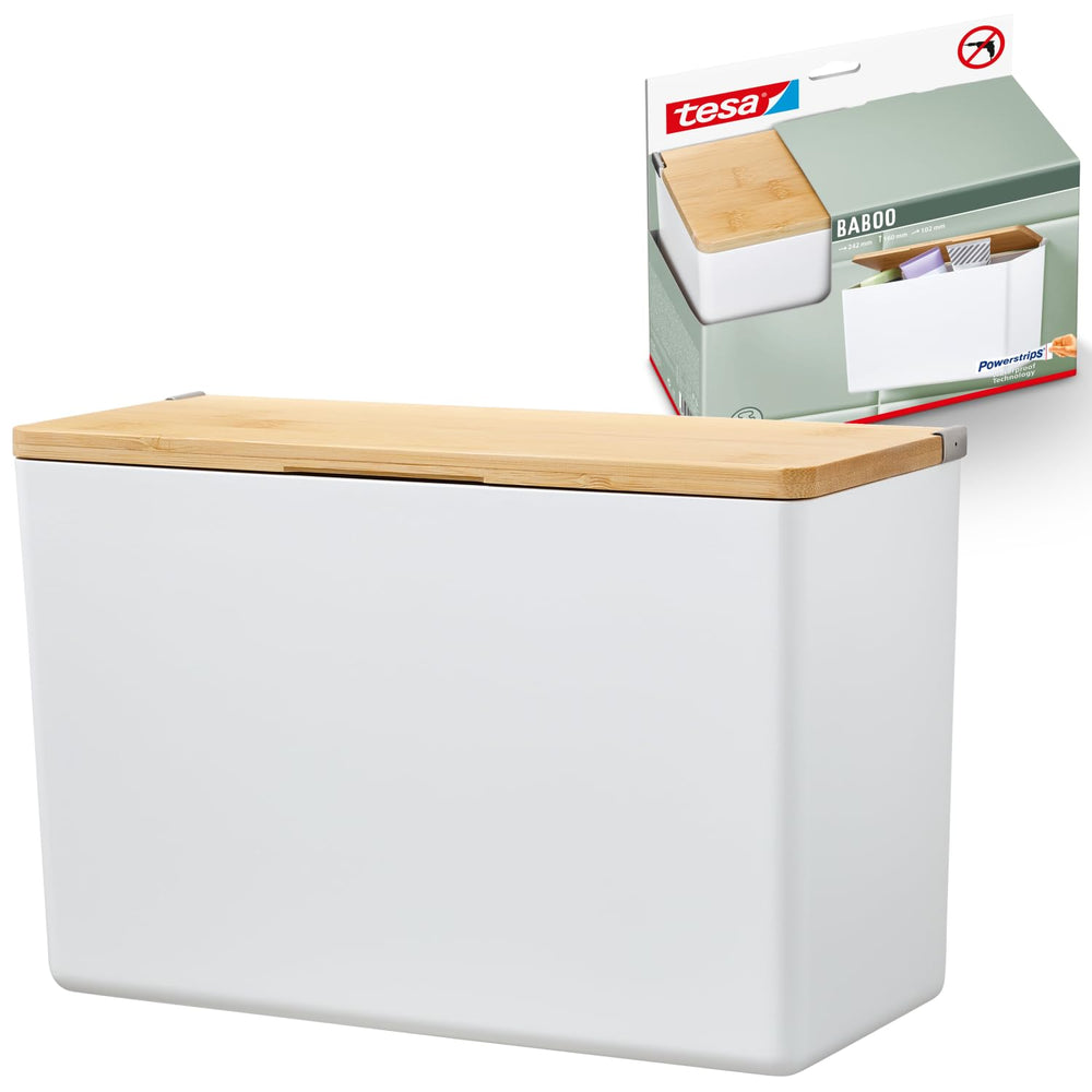 tesa Baboo Badorganizer S mit Bambus-Deckel, matt-weiß - Bad-Aufbewahrungsbox zur Wandmontage ohne Bohren, inkl Powerstrips Waterproof Strips XL - 122 mm x 110 mm x 102 mm