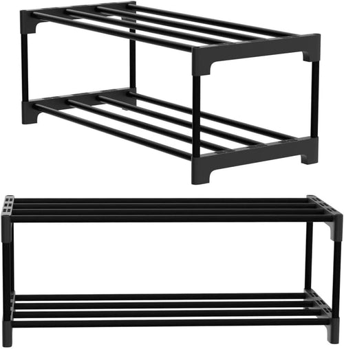 2-Stöckiges Schuhregal Klein, Schlank Mit Anti-Rost-Beschichtung, Geeignet für Schlafsaal, Miethaus, Balkon, Stapelbar Und Schmal (Schwarz, 2