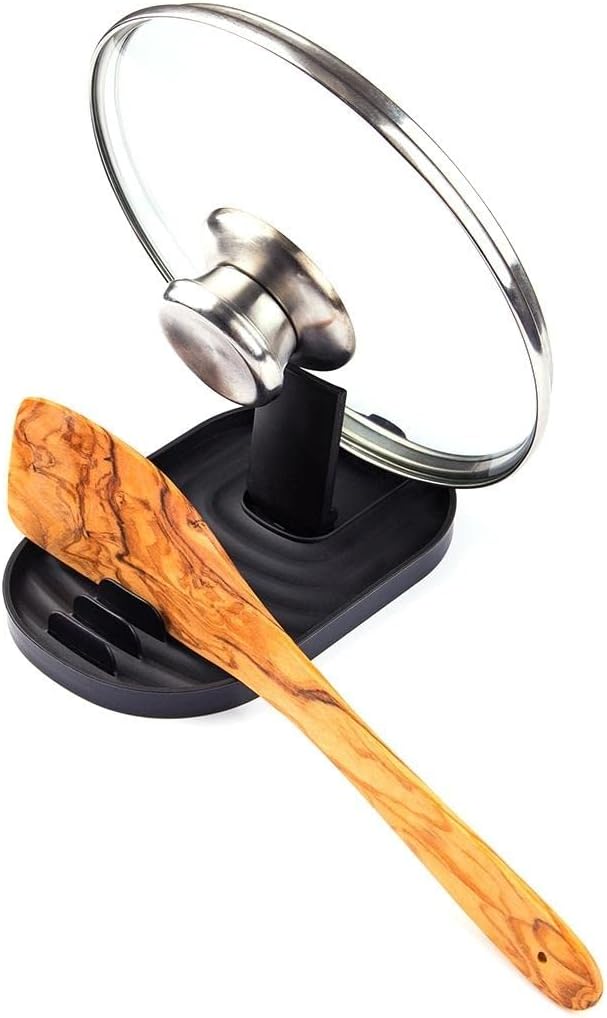 Löffelablage für Ordnung in der Küche - Topfdeckelhalter & Kochlöffelablage in einem - Ablage für Deckel, Utensilien, Pfannenwender, Tablet [schwarz]