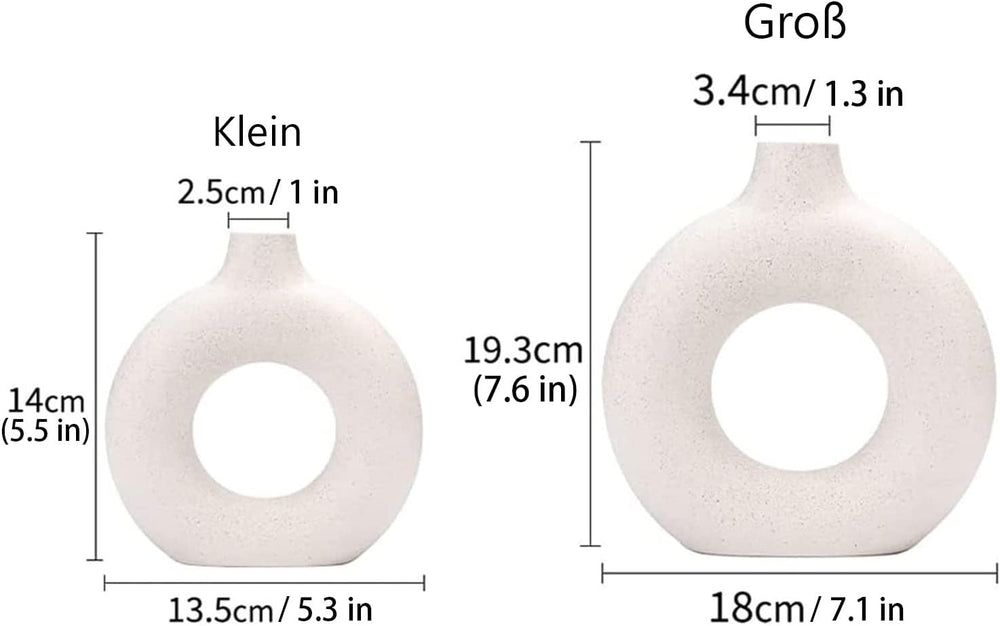Weiße Donut Keramik Vase Satz von 2 für Moderne Home Decor, Runde Matte Vasen für Pampasgras, Neutral Boho Nordic Minimalismus Stil Blumenvasen（Groß+klein）