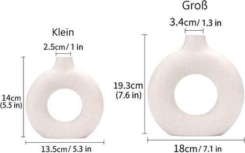Weiße Donut Keramik Vase Satz von 2 für Moderne Home Decor, Runde Matte Vasen für Pampasgras, Neutral Boho Nordic Minimalismus Stil Blumenvasen（Groß+klein）