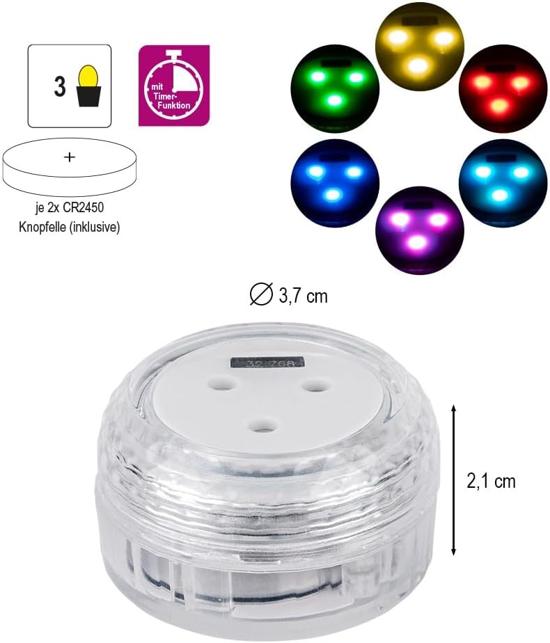 Ideen mit Herz | Power-LED-Leuchten XL | wasserfest | klar | LED-Leuchtmittel | Unterwasserbeleuchtung | 2 Stück | mit Timer | inklusive Batterien (Warmweiß mit Flackereffekt)