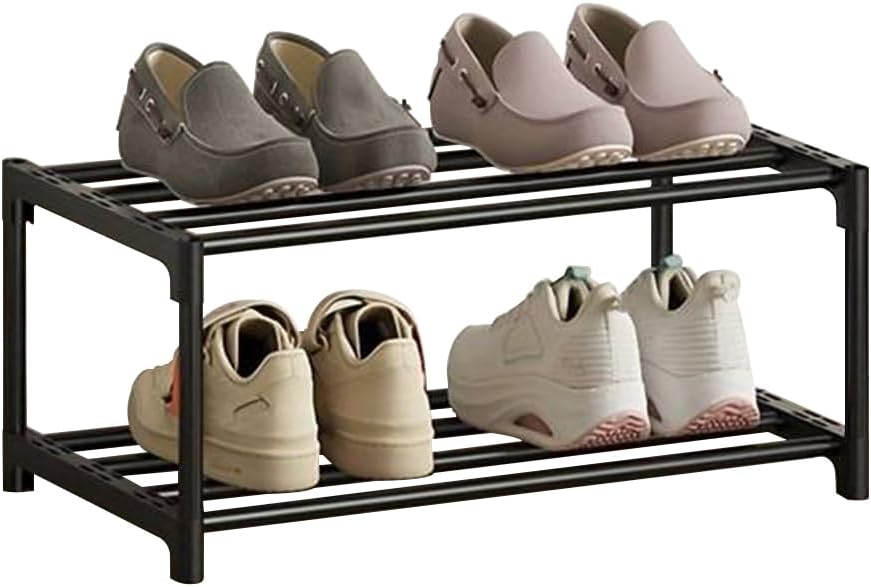 2-Stöckiges Schuhregal Klein, Schlank Mit Anti-Rost-Beschichtung, Geeignet für Schlafsaal, Miethaus, Balkon, Stapelbar Und Schmal (Schwarz, 2