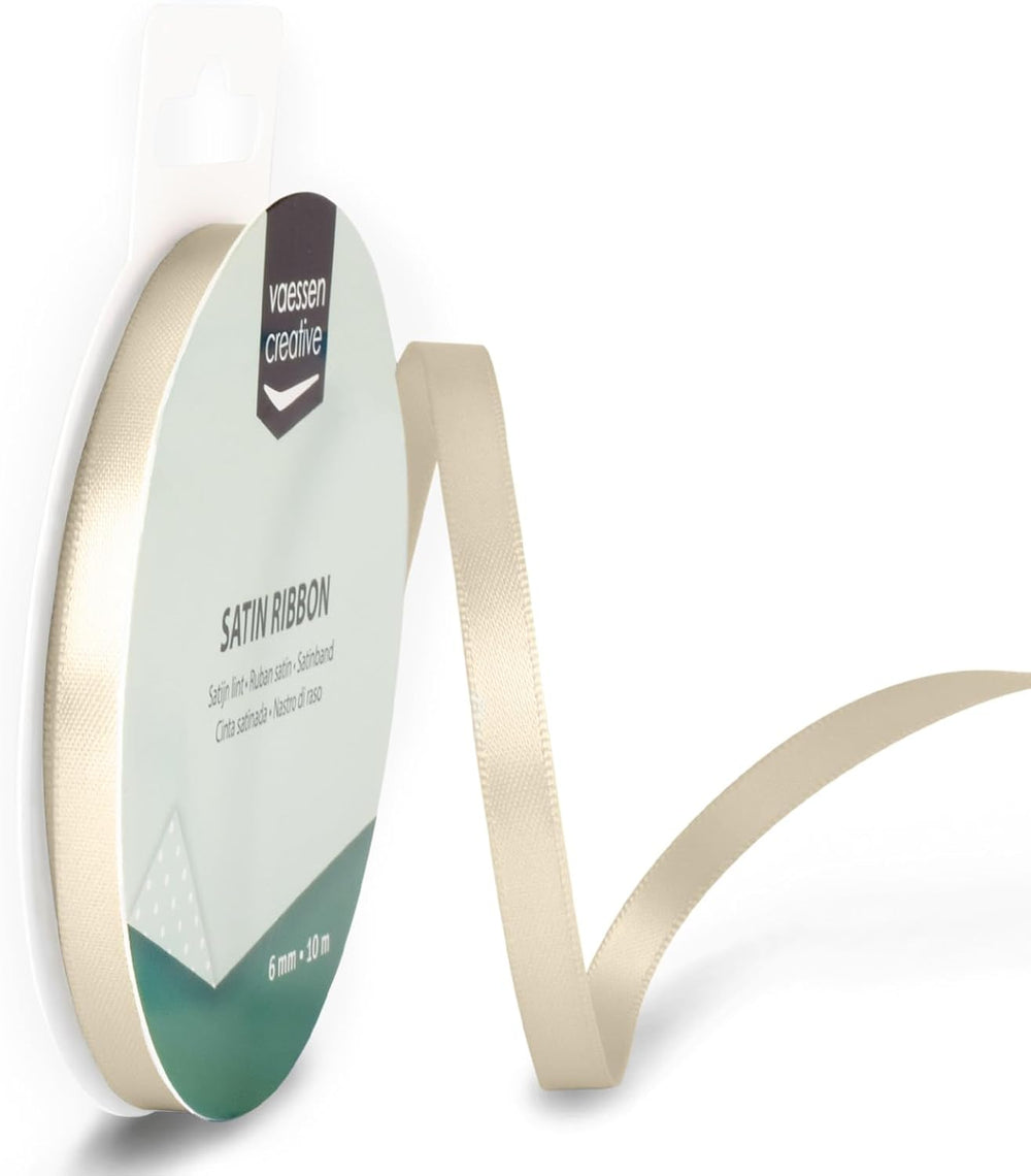 Vaessen Creative Satinband, Elfenbein, 6 mm x 10 m Doppelsatinband, Schleifenband, Dekoband, Geschenkband, Stoffband für Hochzeit, Taufe und Geburtstagsgeschenke