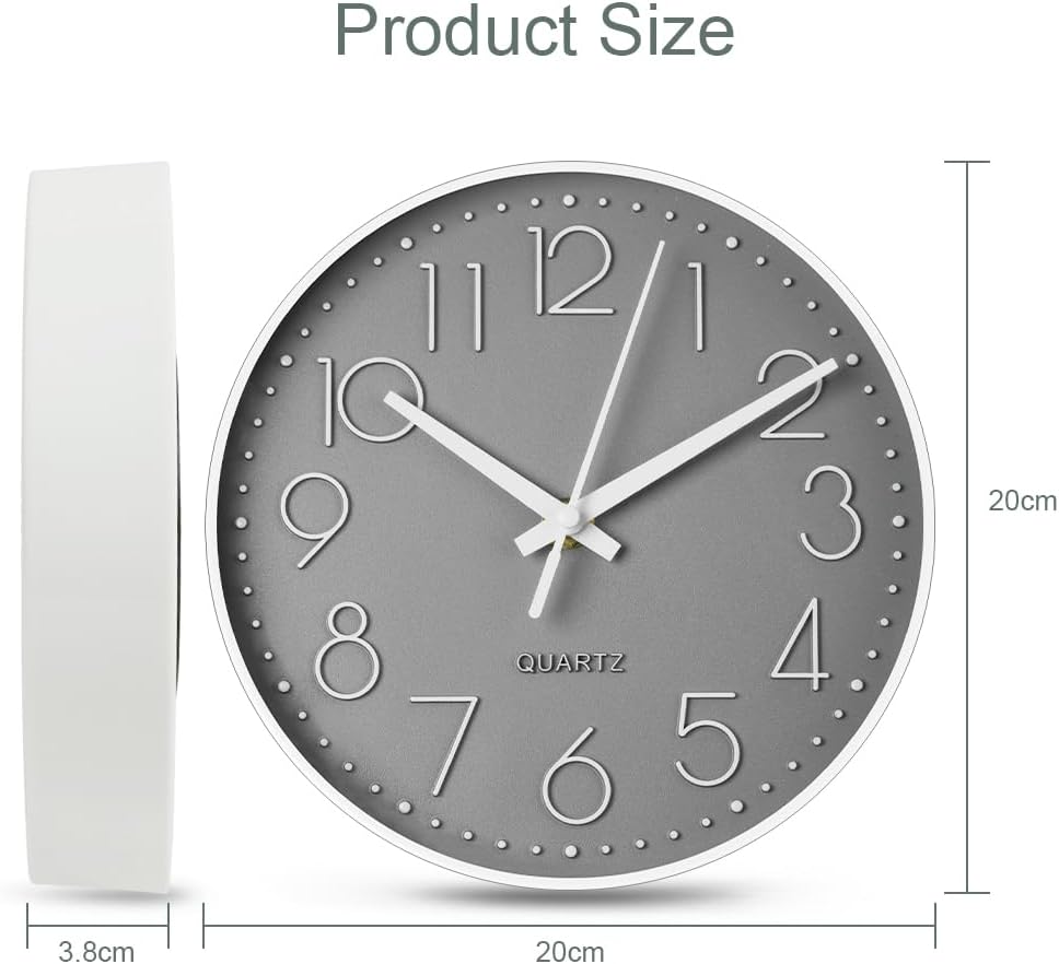 Aolso Wanduhr, geräuschlos und tickt Nicht, Batteriebetriebene runde Wanduhr, Digitale Wwanduhr, modernes Quarz-Design, für Wohnzimmer, Büro, Küche oder Kinderzimmer (Grau, 20CM)