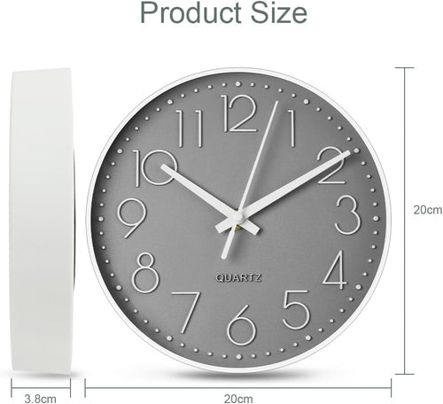 Aolso Wanduhr, geräuschlos und tickt Nicht, Batteriebetriebene runde Wanduhr, Digitale Wwanduhr, modernes Quarz-Design, für Wohnzimmer, Büro, Küche oder Kinderzimmer (Grau, 20CM)