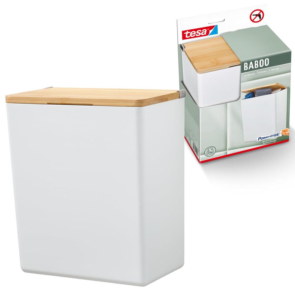 tesa Baboo Badorganizer S mit Bambus-Deckel, matt-weiß - Bad-Aufbewahrungsbox zur Wandmontage ohne Bohren, inkl Powerstrips Waterproof Strips XL - 122 mm x 110 mm x 102 mm