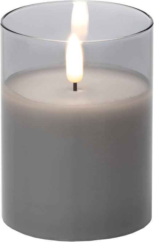 Brandsseller LED Kerze 7,5x10 cm Echtwachs im Glas Warmweiß Flackerfunktion Timerfunktion - Grau