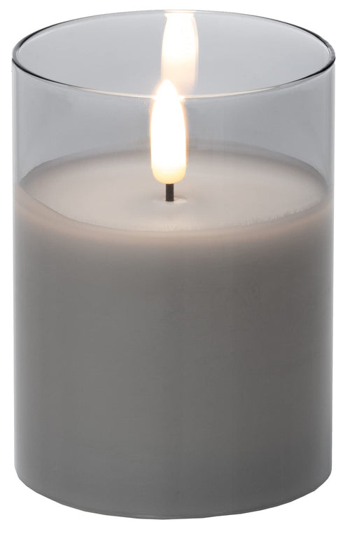 Brandsseller LED Kerze 7,5x10 cm Echtwachs im Glas Warmweiß Flackerfunktion Timerfunktion - Grau