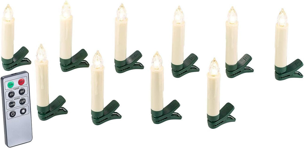 Lunartec Weihnachtsbaumkerzen: 10er-Set LED-Weihnachtsbaum-Kerzen mit IR-Fernbedienung, Timer, weiß (Weihnachtsbaumbeleuchtung kabellos, LED Weihnachtskerzen, Kabellose Cristbaumkerzen)