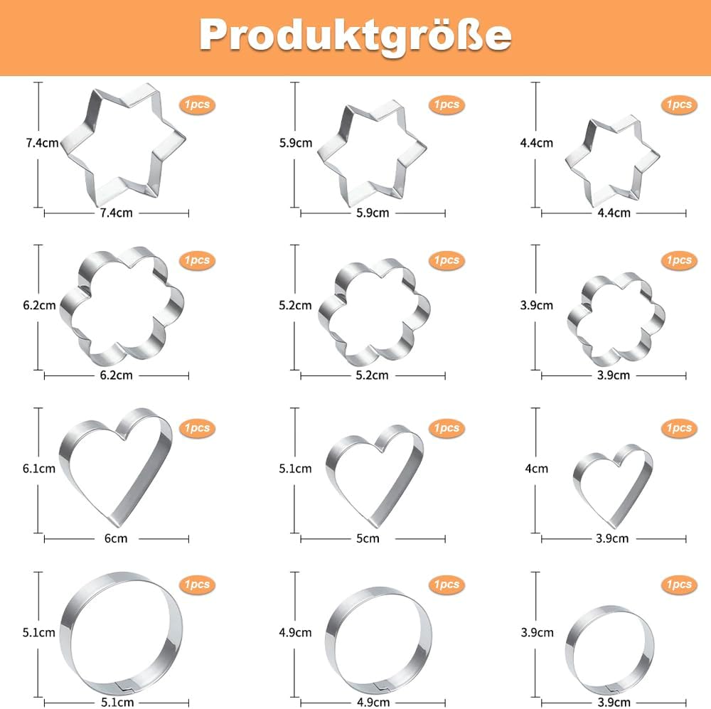 Ausstechformen Set 12 Stück Keksausstecher Edelstahl Ausstecher, Herz, Blume, Rund, Sternform Ausstechform für Keks Fondant Plätzchen